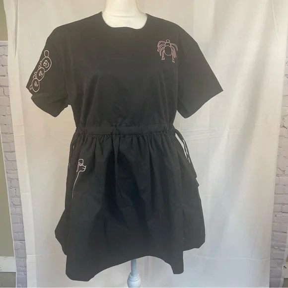 Lazy Oaf Embroidered Doodles Side Tie Black Dress 10 - Picture 2 of 14